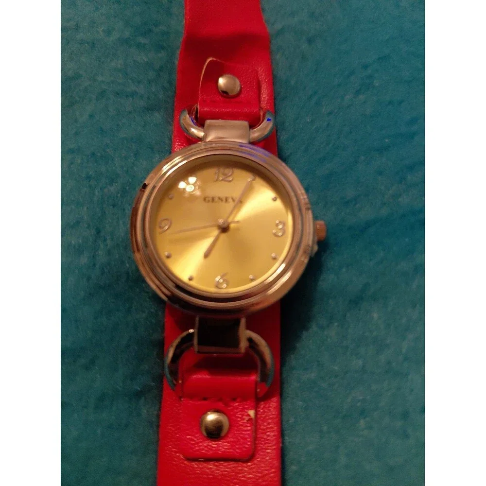 New Geneva Red Faix Leather Strap With Gold Face Womens Watch